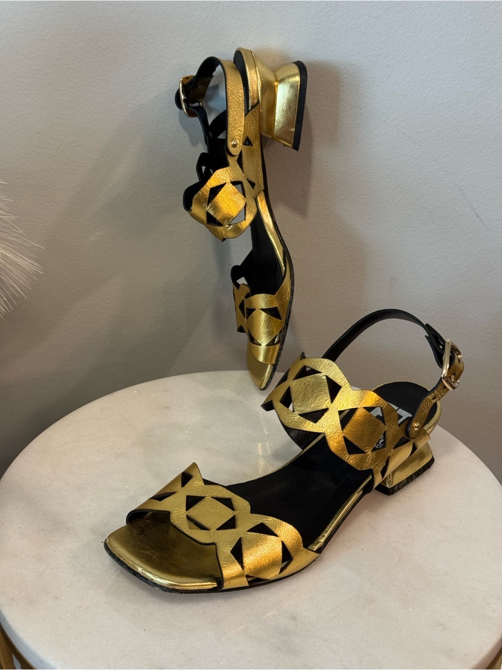 Metallic Gold Geometric Cutout Low Heel Sandals